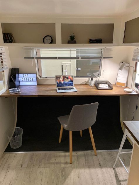 Amazing transformation: from run-down caravan to sleek office space Caravan Office Conversion, Camper Home Office, Camper Van Office, Rv Office Space Ideas, Mobile Office Trailer, Scamp Remodel, Mobile Home Office, Trailer Office, Camper Office