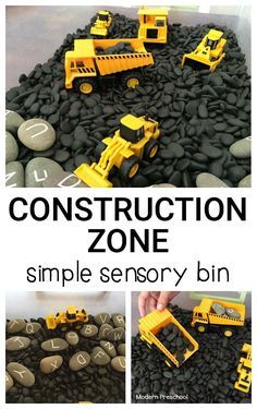 Construction zone simple sensory bin - perfect for toddlers and preschoolers who love construction trucks and playing in rocks! Great for a transportation or construction theme. Grandchildren Activities, Preschool Construction, Sensory Tubs, Diy Montessori, Transportation Preschool, Construction Trucks, Toddler Sensory, Transportation Theme, Construction Zone