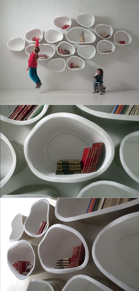 Designed and manufactured by Italian studio Imperfettolab, the FAVO shelving system is an organically-shaped offbeat shelving system to add minimal aesthetics to your home.   #Bookshelf #bookcase #shelvingunit #shelf #storageideas Organic Bookshelf, Minimal Shelving, Organic Shelf, Minimal Bookshelf, Minimal Shelves, Home Bookshelf, Shelf Designs, Organic Furniture, Attic Room