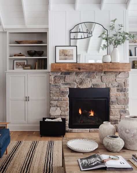 Fireplace Storage, Lily Pad Cottage, Lilypad Cottage, Lake House Living Room, Fireplace Redo, Light Gray Cabinets, White Living Room Decor, Agreeable Gray, Fall Living Room