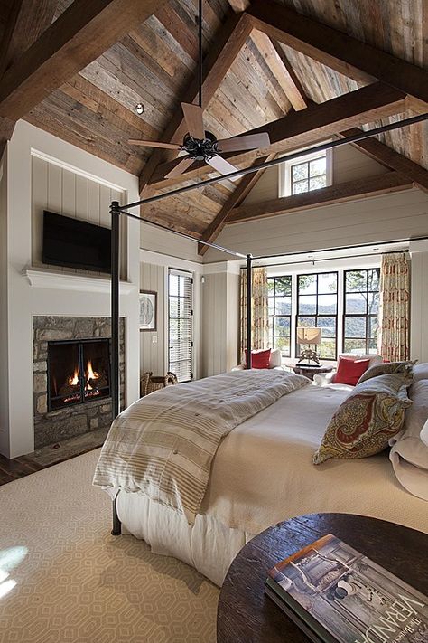 How awesome would it be to add wood to our master's ceiling? I think our room might too little though.... Real Estat, Pool Design, Dreamy Bedrooms, Farmhouse Bedroom, Rustic Bedroom, Ideas Pictures, Dream Rooms, Beautiful Bedrooms, Dream Bedroom