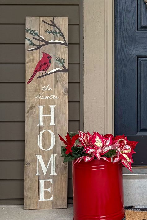 We’ve created this new cardinal porch sign to symbolize joy and hope during the holiday season. Let your creativity shine at a Board & Brush DIY workshop! Register for a workshop today. #DIY #PaintandSip #decor Diy Christmas Porch Signs, Porch Boards Signs, Christmas Porch Leaners, Wood Porch Decor, Winter Porch Signs, Winter Signs Wooden, Spring Wood Signs, Christmas Porch Signs, Summer Wood Sign