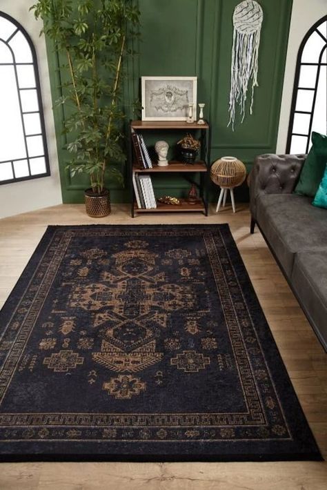 Dark Home Decor, Navy Blue Rug, Dark Home, Home Decor Living Room, Decoration Inspiration, Living Room Flooring, Decor Minimalist, Room Flooring, Washable Rug