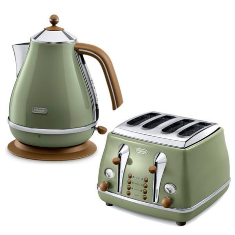 Olive green kitchen appliances Green Kitchen Appliances, Toaster And Kettle, Vintage Toaster, Olive Green Kitchen, Retro Toaster, Kitchen Appliance Storage, 4 Slice Toaster, Kettle And Toaster Set, Appliances Storage