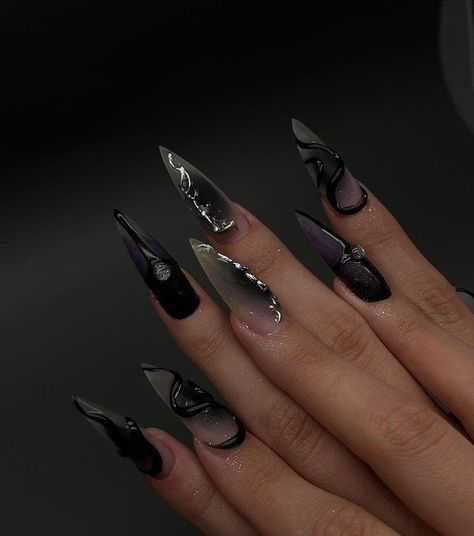 Dark Fae Nails, Hard Gel Designs, Black Aura Nails, Rave Nails, Concert Nails, Natural Face Skin Care, Gel Acrylic Nails, Goth Nails, Grunge Nails