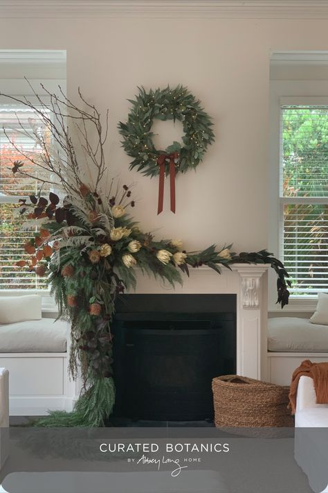 Ornaments On Mantle, Large Christmas Arrangements, Fireplace Mantel Decorating Ideas For Christmas, Asymmetrical Garland Mantle, Christmas Mantlr Wreath, Gemstone Mantle Swag, Asymmetric Christmas Mantle, Assymetrical Mantle Garland, Decorating Mantles