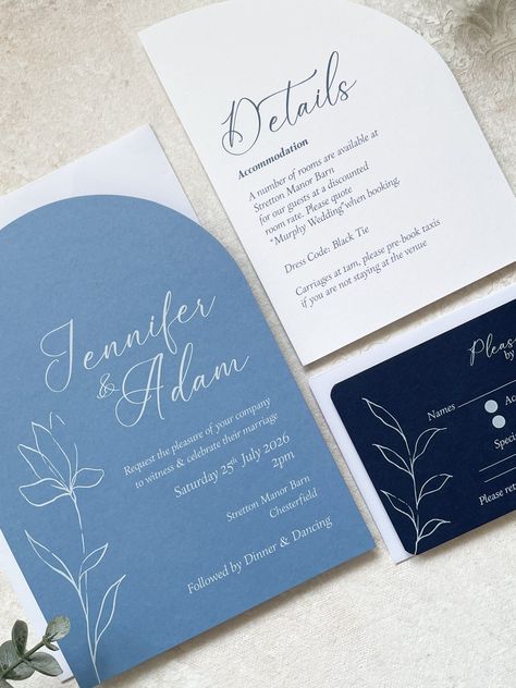 ****New**** Elevate your wedding stationery with our stunning arched shape invitation suite in a serene blue, navy & white colour palette. Paired with elegant white envelopes, these invitations feature a simple and chic botanic theme, enhanced by specialty white ink printing. Please note that orders must be for a minimum of 30 pieces (excluding samples). Want a different colour scheme? Contact us to explore custom options. Each set includes personalised 5x7 inch invitation, C6 half arched ... Blue And White Wedding Invitations, White Colour Palette, Wedding Invitations Navy, Navy Wedding Invitations, Invitation Suites, White Wedding Invitations, Wedding Colors Blue, Wedding Plan, Ink Printing