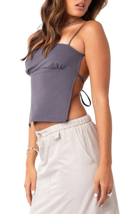 Bask in the sunshine with this soft and stretchy cotton-blend tank that lets you show off your back and adjust the fit with ease thanks to the tie closure. Square neck Adjustable straps 50% cotton, 50% spandex Machine wash, dry flat Imported Crop Top Styles, Geometric Clothing, Streetwear Girl, Backless Crop Top, Womens Camisoles, Legging Sport, Streetwear Tops, Mode Casual, Cropped Tops