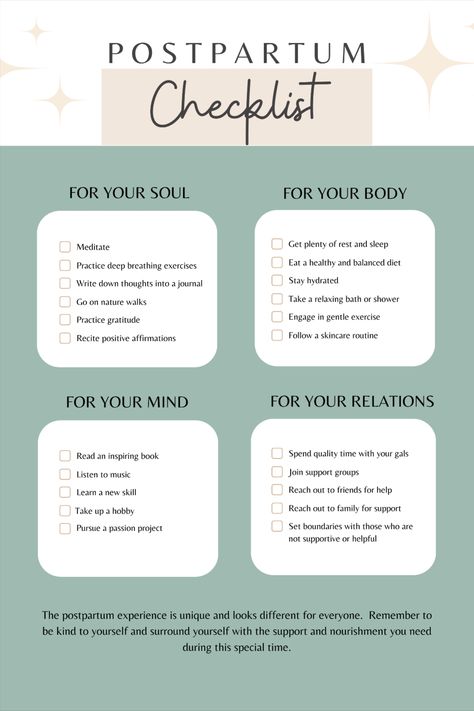 This postpartum checklist includes several different ways to heal, restore, and recover the mind, soul, relations, and your body after being pregnant and giving birth.  Practicing gratitude, reciting positive affirmations, engaging in gentle exercises, taking nature walks, spending quality time with the people who love and support you, creating boundaries with those who are not able to or do not support you, and reading an inspiring book are a short list of many ways to heal during postpartum. Postpartum Emotional Support, Post Partum Tips, Postpartum Boundaries, Postpartum Routine, Postpartum Planner, Postpartum Inspiration, Postpartum Affirmations, Postpartum Checklist, Postpartum Self Care