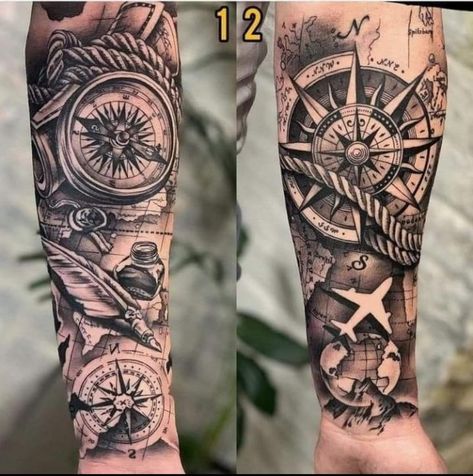 Tato Back, Simple Tato, Nautical Tattoo Sleeve, World Map Tattoos, Wolf Tattoo Sleeve, Forearm Band Tattoos, Map Tattoos, Cool Arm Tattoos, Cool Forearm Tattoos