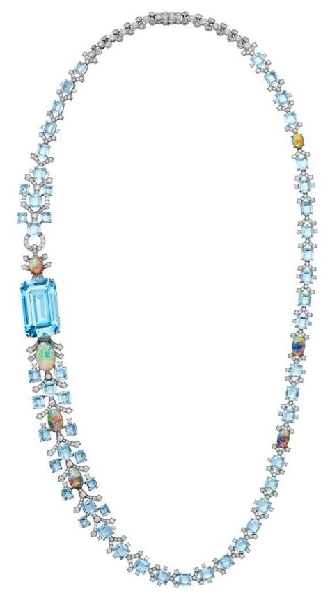 Nivalis Necklace: Emerald-cut aquamarine (43.34 carats), vari-cut aquamarines, opals, and brilliants, from Cartier [Sur]Naturel Aqua Marine, High Jewelry, Emerald Cut, Cartier, Aquamarine, Emerald, Opal, Beaded Necklace