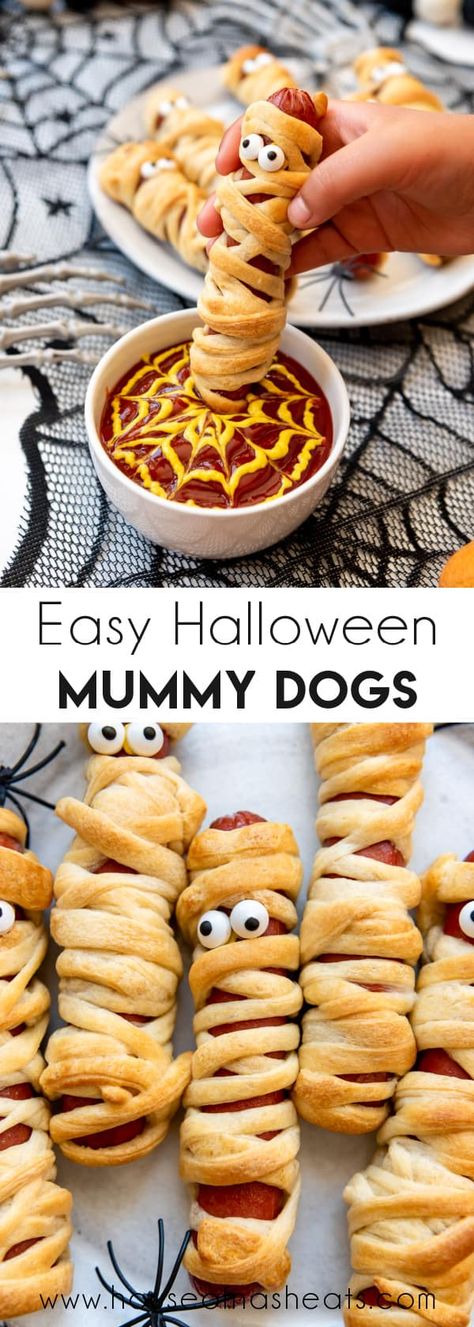 These Mummy Dogs are SO EASY and fun childhood favorite for a Halloween party and kids' lunches all October long! Refrigerated crescent roll dough comes in clutch for the cute little guys that take less than 15 minutes to make! #mummy #hotdogs #halloween #lunch #dinner #easy #crescentrolldough Mummy Hotdogs, Halloween Mummy Dogs, Hot Dog Crescent Rolls, Mummy Pizza, Mummy Hot Dogs, Halloween Finger Foods, Mummy Dogs, Crescent Roll Recipes, Halloween Appetizers