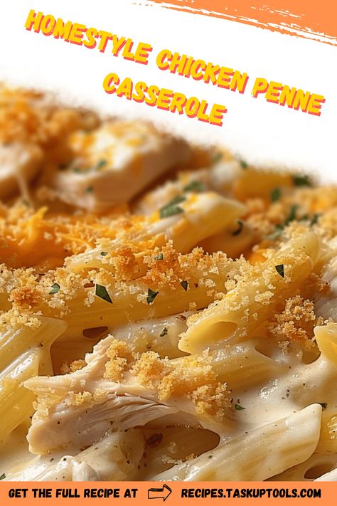 Discover the comforting flavors of our Homestyle Chicken Penne Casserole, a delightful blend of tender chicken, creamy sauce, and perfectly cooked penne pasta baked to golden perfection. This easy-to-follow recipe is a satisfying dish for busy weeknights or cozy family gatherings, offering a delicious homemade taste with minimal prep time. Pin now for a step-by-step guide to creating a heartwarming meal that's bound to become a family favorite. Customize with your choice of vegetables and cheese to make it truly your Homestyle Chicken Penne Casserole, Easy Chicken Pasta Casserole, Chicken Penne Casserole, Baked Penne Pasta Recipes, Penne Casserole, Baked Chicken Pasta Recipes, Baked Penne Pasta, Chicken Penne Pasta, Chicken Pasta Casserole