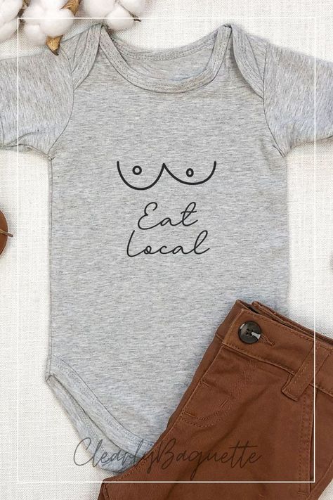 Grey heather baby bodysuit with the text Eat Local Eat Local Onesie, Announcing Pregnancy To Parents, Announcing Pregnancy, Gifts For Expecting Parents, Pregnancy Announcement Gifts, Expecting Parents, Corrugated Box, The Perfect Birthday, Poly Mailers