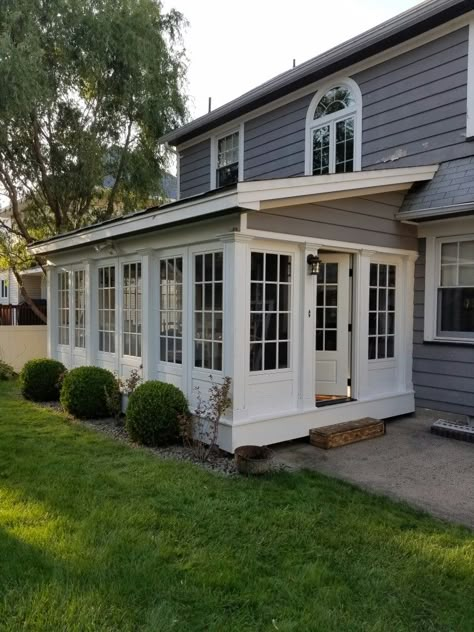 custom sunroom Garage Sunroom Conversion, Farmhouse Sunroom Exterior, Exterior Sunroom Addition, Sunroom Over Garage, Front Room Addition To House, Inexpensive Sunroom Addition, Added On Sunroom, Built On Sunroom, Colonial Sunroom Addition