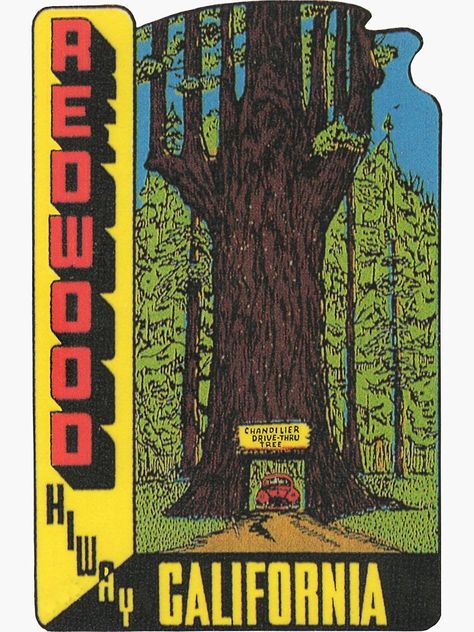 Redwood Highway, Vintage Travel Stickers, Redwoods California, Outdoor Graphics, 1950 Style, Hotel Ads, Collage Pieces, Vintage Badge, Redwood Tree