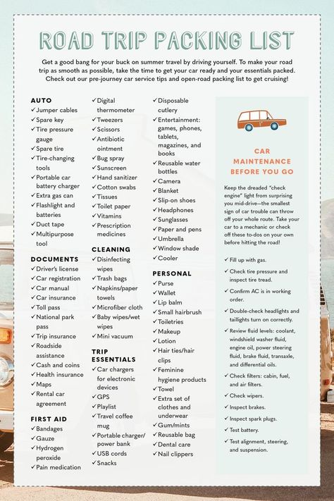 road trip packing list Family Road Trip Packing List, Summer List Ideas, Road Trip Checklist, Trip Packing List, Road Trip Travel, Vacation Checklist, Summer To Do List, Travel Life Hacks, Ultimate Road Trip