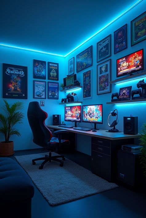 Gaming Setups For Small Rooms, Anime Game Room Ideas, Gaming Shelves, Computer Game Room, Gaming Room Decor Ideas, Gaming Man Cave, Shelves For Collectibles, Lit Shelves, Sports Game Room