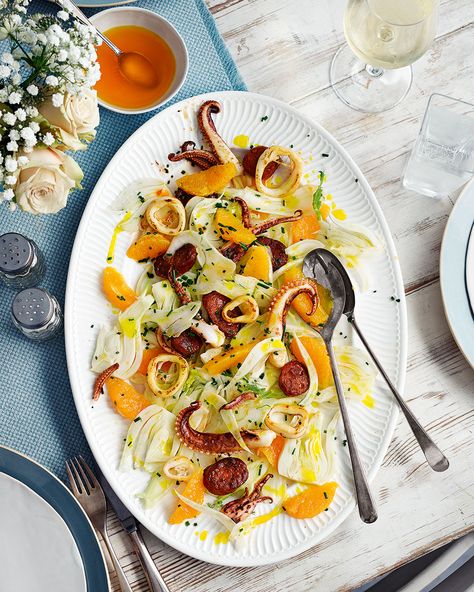 Nathan Outlaw's recipe makes more orange oil than you need, but he suggests using it drizzled over salads or stirred into homemade mayonnaise for shellfish. Squid Salad Recipe, Chorizo Recipes Appetizers, Chorizo Salad, Squid Salad, Tapas Dinner, Squid Recipes, How To Cook Chorizo, Fennel Recipes, Chorizo Recipes