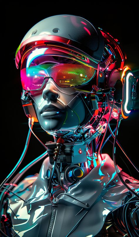 Beautiful Female Robot in Space Suit with Neon Glasses and Headphones Neon Glasses, Glasses Drawing, Holographic Hair, Inspirational Digital Art, Photography Movies, What Is Art, I Robot, Realistic Tattoo, Futuristic Style