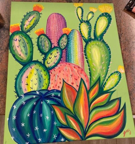 How To Paint Cactus On Canvas, Canvas Painting Cactus, Queer Painting Ideas, Cactus Painting Ideas On Canvas, Cute Cactus Painting Acrylic, Succulent Canvas Painting, Cactus Painting Ideas, Painted Canvas Ideas, Cactus Flower Drawing