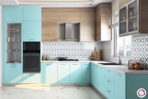 L-shaped-kitchen-blue kitchen-sink-cabinet designs-wall cabinet Modular Kitchen Design L Shape, L Shape Kitchen Layout, Indian Kitchen Design, L Shaped Modular Kitchen, L Shaped Kitchen Designs, Kitchen Flooring Options, Medium Kitchen, Modern Kitchen Design Ideas, Classic White Kitchen