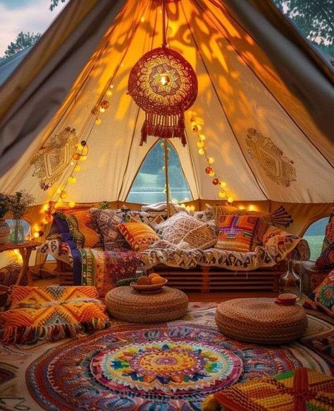 Bell Tent Interior, Fairy Tent, Simple Laundry, Laundry Items, Boho Tent, Yurt Tent, Bohemian Patio, Tent Living, Moroccan Theme