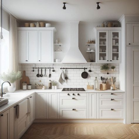 White Kitchen Small All White Kitchen, White U Shaped Kitchen, Tiny White Kitchen, White Cafe Appliances, White Scandinavian Kitchen, White Kitchen Cabinets Ideas, Kitchen 2025, White Kitchen Design Ideas, Contemporary White Kitchen