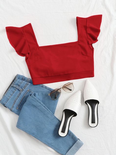 Tie Back Crop Top, Shein Brasil, Top Shein, Red Crop Top, Tie Crop Top, Summer Crop Tops, Cropped Tube Top, Boho Top, Butterfly Sleeves