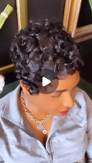 Darshel Renee on Instagram: "#thebigchopsalon #shorthairdontcare #voiceofhair #mobbhair #thecutlife #sexyhair #shorthair #unapologeticdopeness  #dfwhairstylist  #explorepage #hairinstagram #hypehair#eulesshairstylist #trending #pixie #pixieperfect #perfectpixie #modelbehavior #picoftheday #afrohair #trendingreels #dallashairstylist #fortworthhairstylist #lewisvillehairstylist #irvinghairstylist #waves #pincurls #perfectpixie #Curls #curlyhair #carrolltonhairstylist" Pen Curls Black Women, Roller Set On Short Relaxed Hair, Short Pin Curls For Black Women, Pincurls Hair Short, Pin Curl Pixie, Pin Curls For Black Women Short Hair, Pixie Pin Curls, Wave Curls Short Hair, Pin Curls For Short Hair