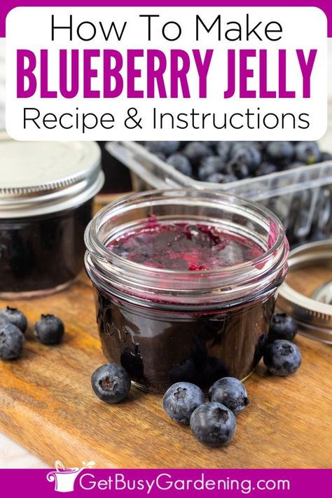 a small glass jar without lid showing the purple jelly inside with a carton of blueberries in the background Frozen Blueberry Jam, Homemade Blueberry Jelly, Blueberry Jelly Recipe, Canning Blueberry Jam, Toast Dessert, Sandwiches Breakfast, Blueberry Jelly, Canning Jam Recipes, Blueberry Jam Recipe