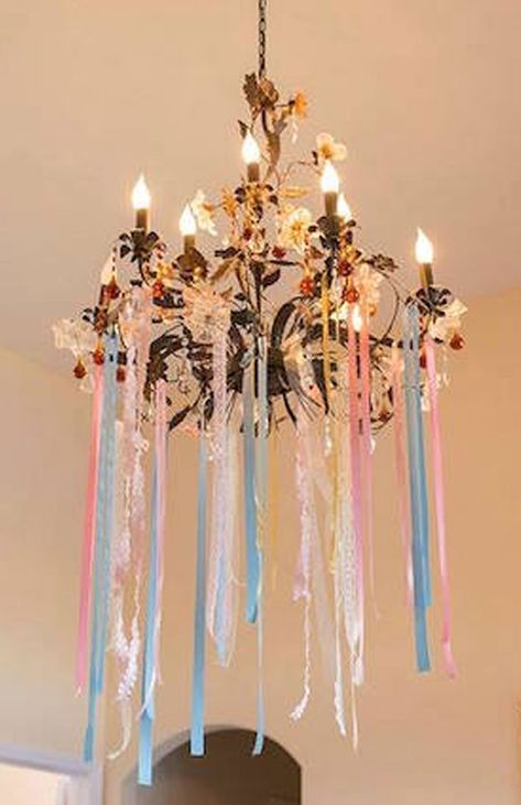 Chandelier from a Marie AntONEette Inspired 1st Birthday Party via Kara's Party Ideas KarasPartyIdeas.com (9) Chandelier Party Decoration, Decorate Chandelier For Party, Birthday Chandelier Decoration, Marie Antoinette Birthday Party Aesthetic, Marie Antoinette Party Food, Whimsy Birthday Party, Maximalist Birthday Party, Croquette Birthday Party, Eclectic Birthday Party