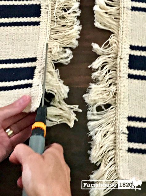 A Budget Friendly DIY Rug Runner - Farmhouse 1820 Farmhouse Runner Rug Entryway, Diy Large Area Rug, Boho Farmhouse Flooring, Diy Runner Rug, Diy Rugs Easy Large, Hallway Rugs Ideas, Diy Outdoor Rug, Diy Area Rug, Farmhouse Rug Runner