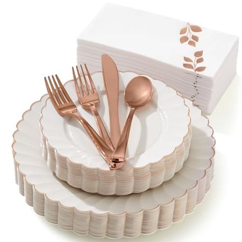 Garden Grad Party, Elegant Plastic Dinnerware, Disposable Dishes, Party Plates And Napkins, Thanksgiving Host, Luxury Napkin, Rose Gold Rims, Gold Plastic Plates, Plastic Dinnerware Sets