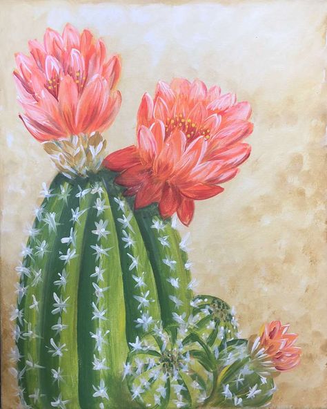 Pinots Palette Paintings, Cactus In Bloom, Cactus Paintings, Pinots Palette, Painting Parties, Black Canvas Paintings, Cactus Painting, Acrylic Painting For Beginners, Cactus Art