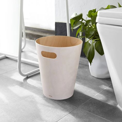 White and natural wood WOODROW waste basket | Bath Depot Bathroom Trash Can, Integrated Handles, Bent Wood, Trash Bin, Waste Paper, Intelligent Design, Wood Interiors, Recycle Trash, Garbage Can