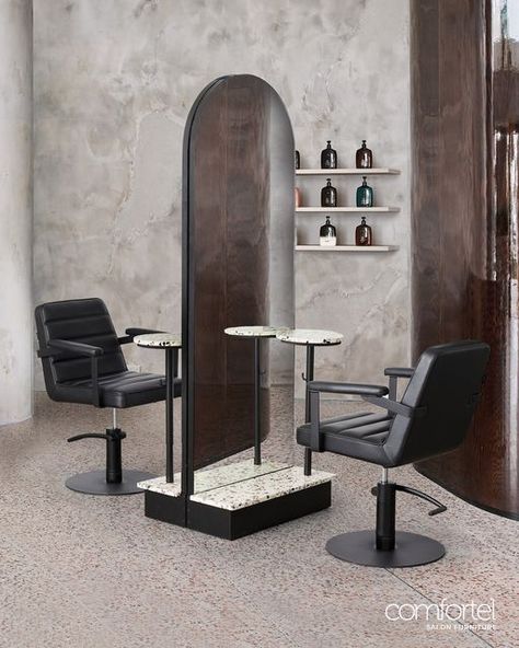 Salon Mirror, Bench Height, Hair Salon Furniture, Terrazzo Table, Black Hair Salons, Nail Salon Interior, Salon Mirrors, Hair Salon Interior, Salon Suites Decor