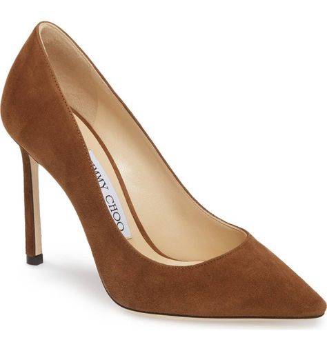 Nordstrom x Jimmy Choo 'Romy' Pointy Toe Pump Hill Shoes, Jimmy Choo Romy, Ankle Strap Chunky Heels, Brown Suede Heels, Jimmy Choo Pumps, Heel Accessories, Jimmy Choo Heels, Prom Heels, Fashion Heels