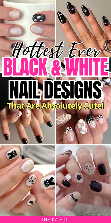 black and white nails Short Nails Black And White Design, Black Nails With White Accent Nail, Black And White Manicure Ideas, Nails Designs Black And White, Black Nails With White Tips, Nails Short Black And White, Trendy Nails Black And White, Black And White Nails Simple, Nails Ideas Black And White