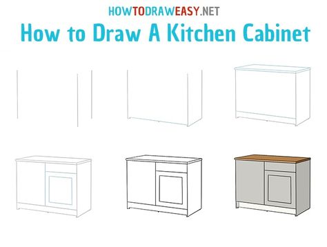 How to draw a Kitchen Cabinet - step by step drawing lesson Kitchen Cabinet Sketch Drawing, Draw Cabinets, Sketching Furniture, Kitchen Cabinets Drawing, Super Easy Drawings, House Design Drawing, Easy Drawings For Beginners, Drawing Tutorials For Beginners, Drawing Lesson