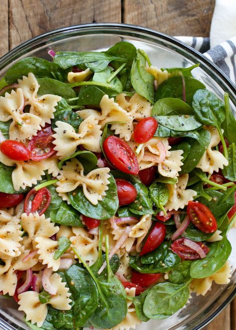 30 Pasta Salad Recipes to Make All Summer Long | foodiecrush .com Pasta And Spinach Salad, Pasta Salad With Greens, Summer Pasta Salad Recipes Vegetarian, Pasta In Salad, Pool Party Salad Ideas, Green Salad With Pasta, Spinach Pasta Salad, Warm Pasta Salad, Salad With Pasta