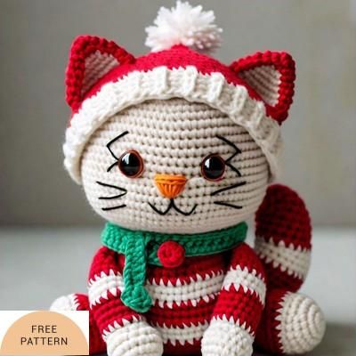 Embrace the holiday spirit with a charming Crochet Christmas Cat Amigurumi Pattern. This delightful creation is designed to spread joy and festive cheer, dressed in a cozy Santa outfit complete with a cheerful green scarf and a fluffy Santa hat. Its unique details, like the belt and pompom on the hat, add a touch of irresistible charm, making it a heartwarming addition to your holiday decor or a thoughtful, handmade present for someone special. The blend of adorable charm and Christmas spirit ma Christmas Cat Crochet Pattern, Christmas Cat Crochet, Birthday Amigurumi, Tiny Santa Hat, Cat Amigurumi Pattern, Mug Cozy Pattern, Christmas Critters, Crochet Mug Cozy, Diy Crochet Patterns