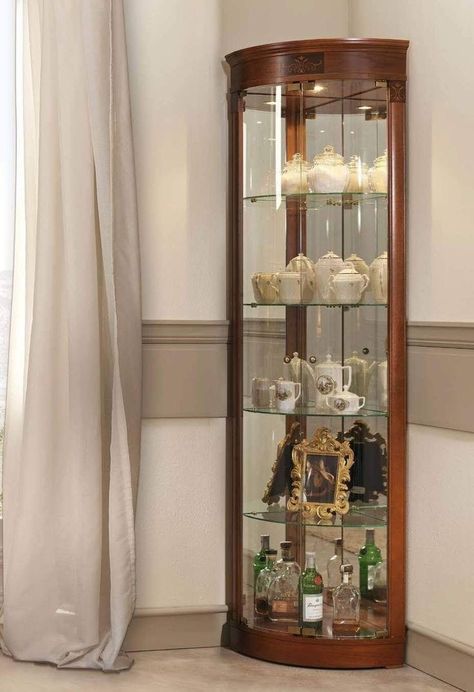 Corner Crockery Unit Design Modern, Antique Crockery Unit Design, Glass Crockery Cabinet, Corner Showcase Design, Corner Crockery Unit Design, Glass Cabinets Display Living Room, Corner Glass Cabinet, Corner Showcase, Crockery Cabinet Design