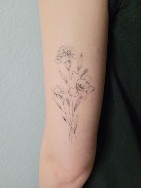 Rose Carnation Daffodil Tattoo, Iris Flower Bouquet Tattoo, Daffodil Carnation Tattoo, Daffodil And Iris Tattoo, Iris And Daffodil Tattoo, Iris And Rose Tattoo, Daffodil And Carnation Tattoo, Fine Line Floral Bouquet Tattoo, Carnation And Daffodil Tattoo