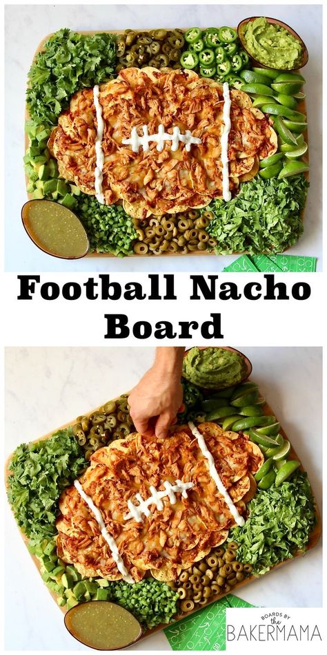 Football Nacho Board | The BakerMama Nacho Board, Gameday Appetizers, Superbowl Recipes, Bbq Chicken Nachos, Shredded Bbq Chicken, Football Crafts, Football Snacks, Football Party Food, Tailgating Recipes