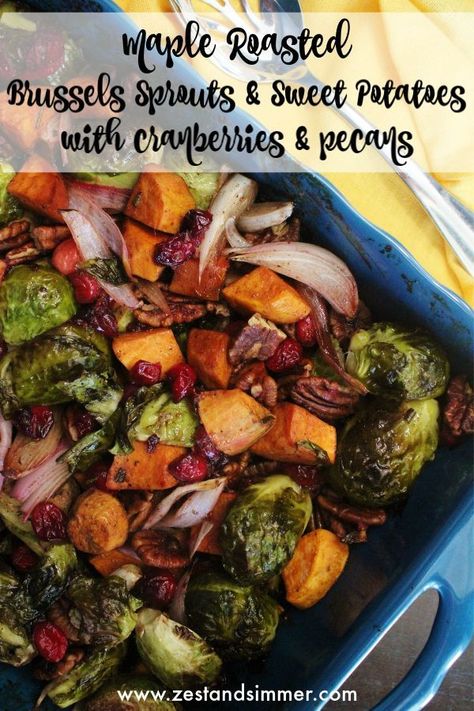 Maple Roasted Brussels Sprouts and Sweet Potatoes with Cranberries and Pecans - Brussels sprout and sweet potatoes are roasted together with cranberries, pecans, and a maple balsamic glaze, getting crispy and carmelized.  This makes for a wonderful Thanksgiving side dish or for other holidays and celebrations throughout the fall and winter! #thanksgivingsidedishes #thanksgivingrecipes #vegetariansidedishes #vegansidedishes #roastedveggies Brussel Sprouts And Sweet Potato Recipe, Brussel Sprouts And Sweet Potatoes, Brussel Sprouts Cranberries, Brussels Sprouts And Sweet Potatoes, Roasted Recipes, Sprouting Sweet Potatoes, Roasted Sprouts, Maple Balsamic, Thanksgiving Side Dish