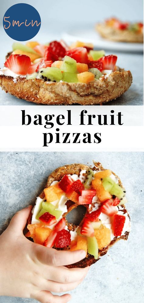 Bagel fruit pizzas are an EASY + HEALTHY recipe for kids to have fun with! Bagels (mini or regular) are topped with cream cheese and fresh fruit, put everything out and let your kids create a breakfast masterpiece. Fruit Pizzas, Fruit Recipes Healthy, Recipe For Kids, Kids Create, Healthy Meals For Kids, Healthy Fruits, Breakfast For Kids, Breakfast Recipes Easy, Fruit Recipes