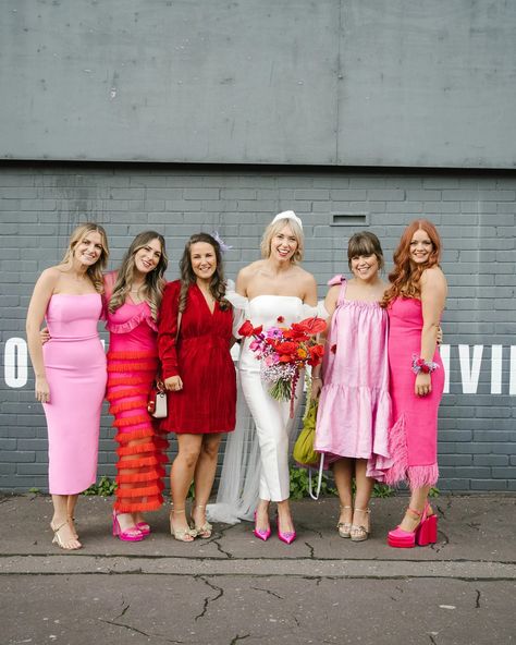 Tons Of "Bold And Joyful" Florals For This Vibrant Modern Wedding In Liverpool Pink And Red Bridesmaid Dresses, Red And Pink Bridesmaid Dresses, Retro Bridesmaid Dresses, Party Palette, Halfpenny London, Modern Bridesmaid, Corset Styles, London Bride, Wedding Moodboard