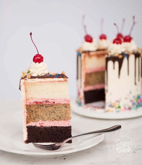 Banana Split Cake (with chocolate drip) | Sugar Geek Show Cake With Chocolate Drip, Geek Cake, Banana Split Cake Recipe, Cake With Layers, Sugar Geek, Frosting Cupcakes, Split Cake, Banana Split Cake, Banana Splits