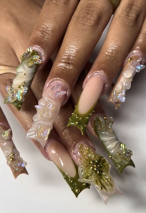 Sza Nails Idea, Island Nails, Hippie Nails, Hard Nails, Colored Acrylic Nails, Girly Acrylic Nails, Dope Nail Designs, Exotic Nails, Long Square Acrylic Nails